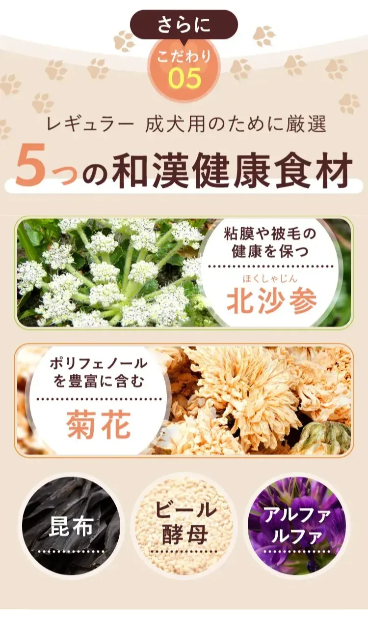 さらにこだわり05。レギュラー成犬用のために厳選した5つの和漢健康食材、北沙参・菊花・昆布・ビール酵母・アルファルファ。